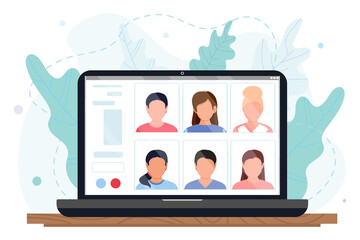 Group of people communicating on online video conference on the computer screen. Dialogs or conversations between colleagues or clerks. Flat cartoon colorful vector illustration. Working from home.