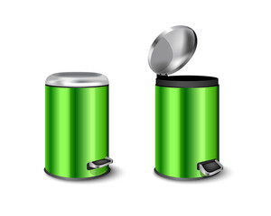 cylindrical office trash can green color.  garbage containers with pedal and swivel top. Metal bucket with a lid.
