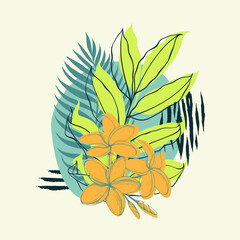 Composition of tropical plants and flowers. Botanical watercolor green exotic leaves. Coconut palm, monstera, banana tree, plumeria.