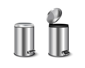 cylindrical office trash can silver color. garbage containers with pedal and swivel top. Metal bucket with a lid.