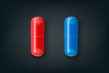 Vector Realistic 3d Red, Blue Medical Pill Closeup Isolated on Black Background. Design Template. Female Health Concept. Concept of Choice. Women s Health Care, Vitamins and Supplements. Top View