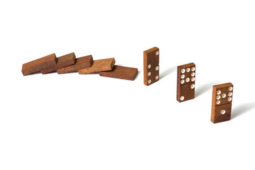 Dominoes falling in a chain reaction. Concept of social distancing.