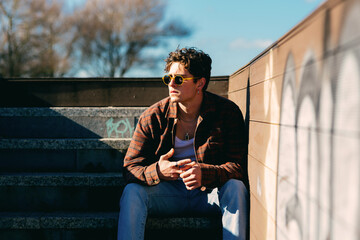 Young handsome guy in casual clothes looking away while sitting on stairs on sunny day on city street