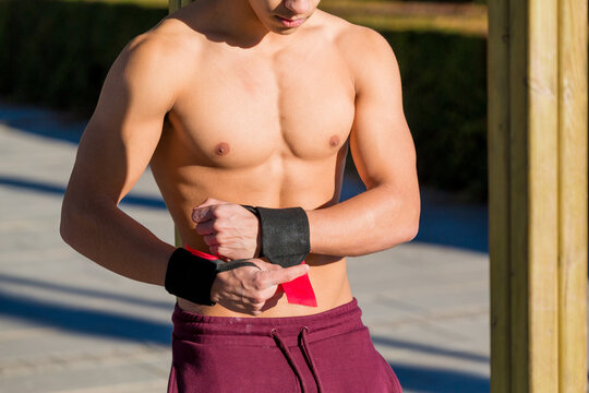 Shirtless ethnic sportsman without t shirt on street