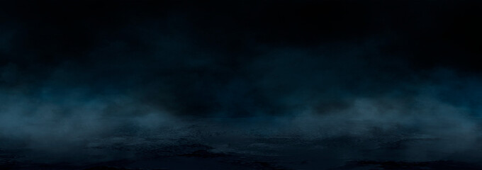 Dark street, wet asphalt, reflections of rays in the water. Abstract dark blue background, smoke, smog. Empty dark scene, neon light, spotlights. Concrete floor
