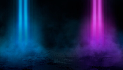 Dark street, wet asphalt, reflections of rays in the water. Abstract dark blue background, smoke, smog. Empty dark scene, neon light, spotlights. Concrete floor