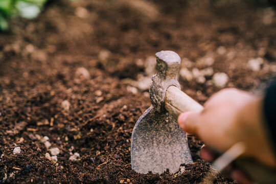 Mattock placed on ground in garden
