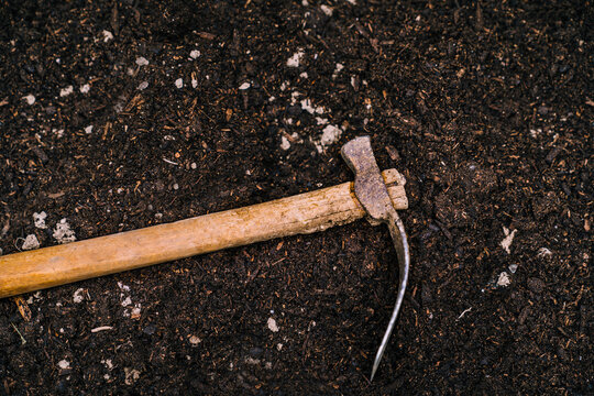 From above of garden mattock with wooden handle placed on fresh cultivated soil in garden