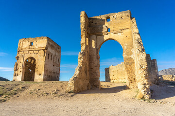 Ancient Marinid tombs and mausoleum ruins in Meknes, Morocco during various times of day.