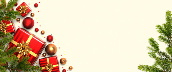 bannière de Noël avec cadeaux et boules de Noël