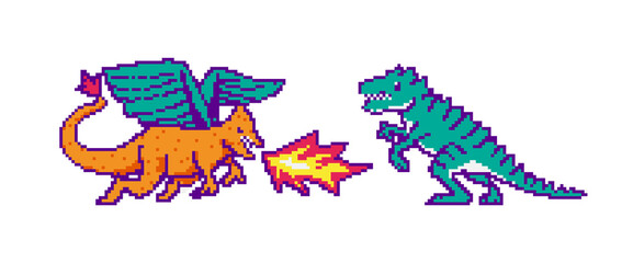 Fire dragon and dinosaur. Fight or Battle in the game concept. Pixel art 8 bit objects. Retro digital game assets. Fashion icon. Vintage Computer video. 