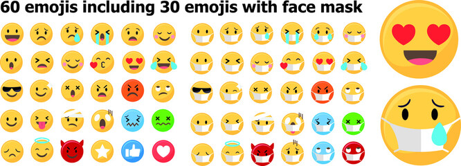 Set of 60 emojis including emojis with face mask, Covid 19 emojis with protective mask 