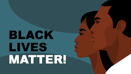 Black Lives Matter. Young Americans:  female and male face silhouette. Black citizens are fighting for social equality, against racism, violence, corruption. Green background.