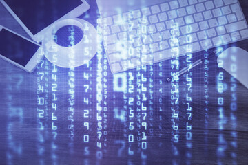 Double exposure of technology theme drawing over work table desktop. Top view. Global data analysis concept.