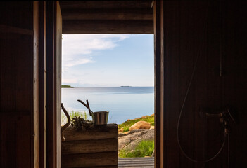 Fototapeta premium View from saunu door to the gulf of Bothnia, Finland