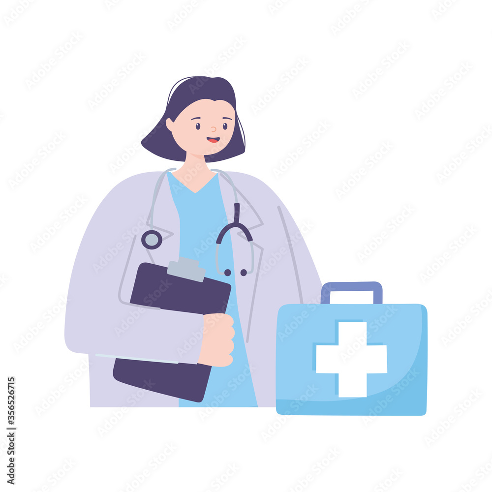 Wall mural female doctor character with stethoscope and medical report