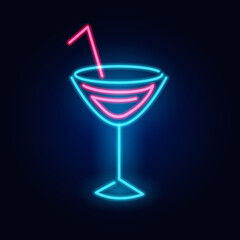 Neon cocktail. Fashion sign. Night light signboard, Glowing banner. Summer emblem. Club Bar logo on dark background. Alcohol drink with an umbrella in a glass.