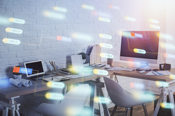 Double exposure of data theme drawing and office interior background. Concept of technology.