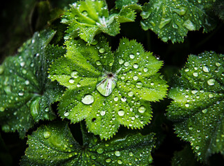 water drops on green leaves, , Kamikawa, Hokkaidō, Hokkaido, Japan, Asia