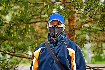 A man wearing respirator mask and a cap outdoors.