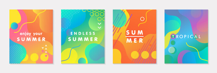 Fototapeta na wymiar Bundle of modern vector summer posters with bright gradient background,shapes and geometric elements.Trendy abstract design perfect for prints,social media,banners,invitations,branding design,covers