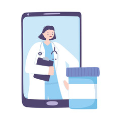 telemedicine, female doctor smartphone medication bottle, consultation treatment and online healthcare services