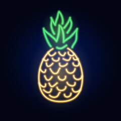 Neon pineapple. Fashion sign. Night light signboard, Glowing banner. Summer emblem. Club Bar logo on dark background. Tropical fruit