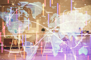 Double exposure of business theme drawing and office interior background. Concept of success