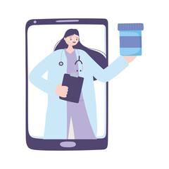 telemedicine, female doctor smartphone bottle medicine, consultation treatment and online healthcare services