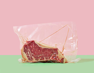 steak in cellophane packaging on a colored background
