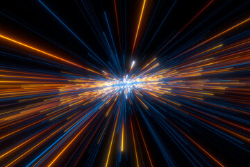 Obraz premium Speed of light in space on dark background. Abstract background in blue, yellow and orange neon colors. 3D rendering.