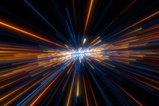 Speed of light in space on dark background. Abstract background in blue, yellow and orange neon colors. 3D rendering.