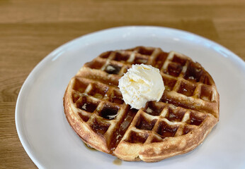 original waffle with syrup and butter