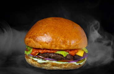 spicy hamburger with barbecue sauce and red pepper paste on a black background