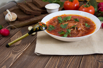 photo for menu, Ukrainian and Russian traditional beetroot soup - borscht with sour cream garlic pepper and sauce, Ukrainian borscht with sour cream, food background, Food and health