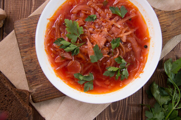 photo for menu, Ukrainian and Russian traditional beetroot soup - borscht with sour cream garlic pepper and sauce, Ukrainian borscht with sour cream, food background, Food and health