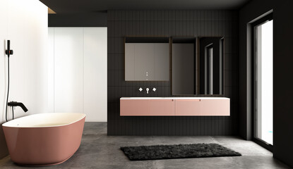 Black minimalist bathroom interior. 3d Rendering
