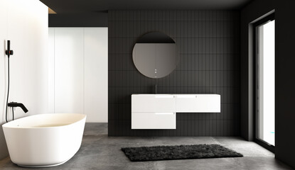 Naklejka na ściany i meble Black minimalist bathroom interior. 3d Rendering
