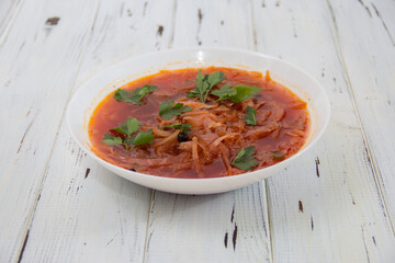 photo for menu, Ukrainian and Russian traditional beetroot soup - borscht with sour cream garlic pepper and sauce, Ukrainian borscht with sour cream, food background, Food and health