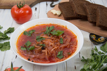 photo for menu, Ukrainian and Russian traditional beetroot soup - borscht with sour cream garlic pepper and sauce, Ukrainian borscht with sour cream, food background, Food and health
