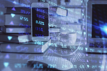 Double exposure of financial graph drawing and cell phone background. Concept of forex trading