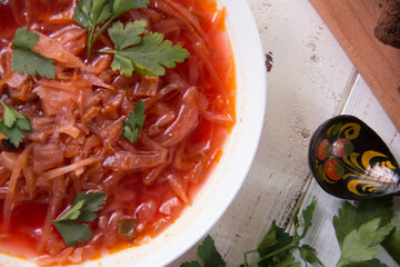 photo for menu, Ukrainian and Russian traditional beetroot soup - borscht with sour cream garlic pepper and sauce, Ukrainian borscht with sour cream, food background, Food and health