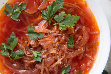 photo for menu, Ukrainian and Russian traditional beetroot soup - borscht with sour cream garlic pepper and sauce, Ukrainian borscht with sour cream, food background, Food and health