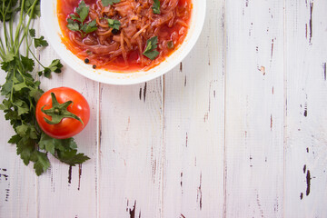 photo for menu, Ukrainian and Russian traditional beetroot soup - borscht with sour cream garlic pepper and sauce, Ukrainian borscht with sour cream, food background, Food and health