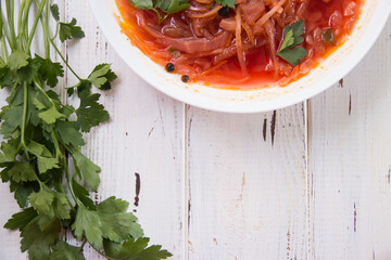 photo for menu, Ukrainian and Russian traditional beetroot soup - borscht with sour cream garlic pepper and sauce, Ukrainian borscht with sour cream, food background, Food and health