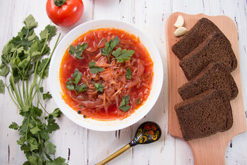 photo for menu, Ukrainian and Russian traditional beetroot soup - borscht with sour cream garlic pepper and sauce, Ukrainian borscht with sour cream, food background, Food and health