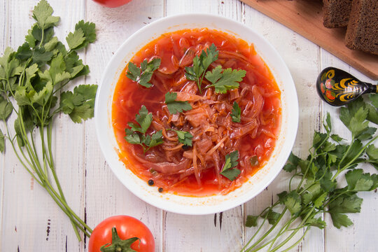 photo for menu, Ukrainian and Russian traditional beetroot soup - borscht with sour cream garlic pepper and sauce, Ukrainian borscht with sour cream, food background, Food and health