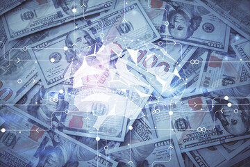 Double exposure of brain drawing over us dollars bill background. Technology concept.