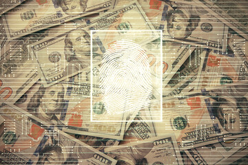 Fototapeta na wymiar Double exposure of finger print scan drawing over usa dollars bill background. Concept of security of safe access.
