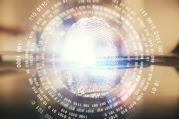 Double exposure of finger print hologram over coffee cup background in office. Concept of information security